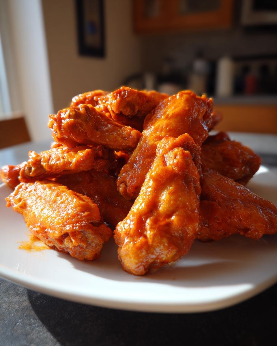 Close-up of a mound of glistening, orange-sauced Buffalo Chicken Wings piled high on a white plate.