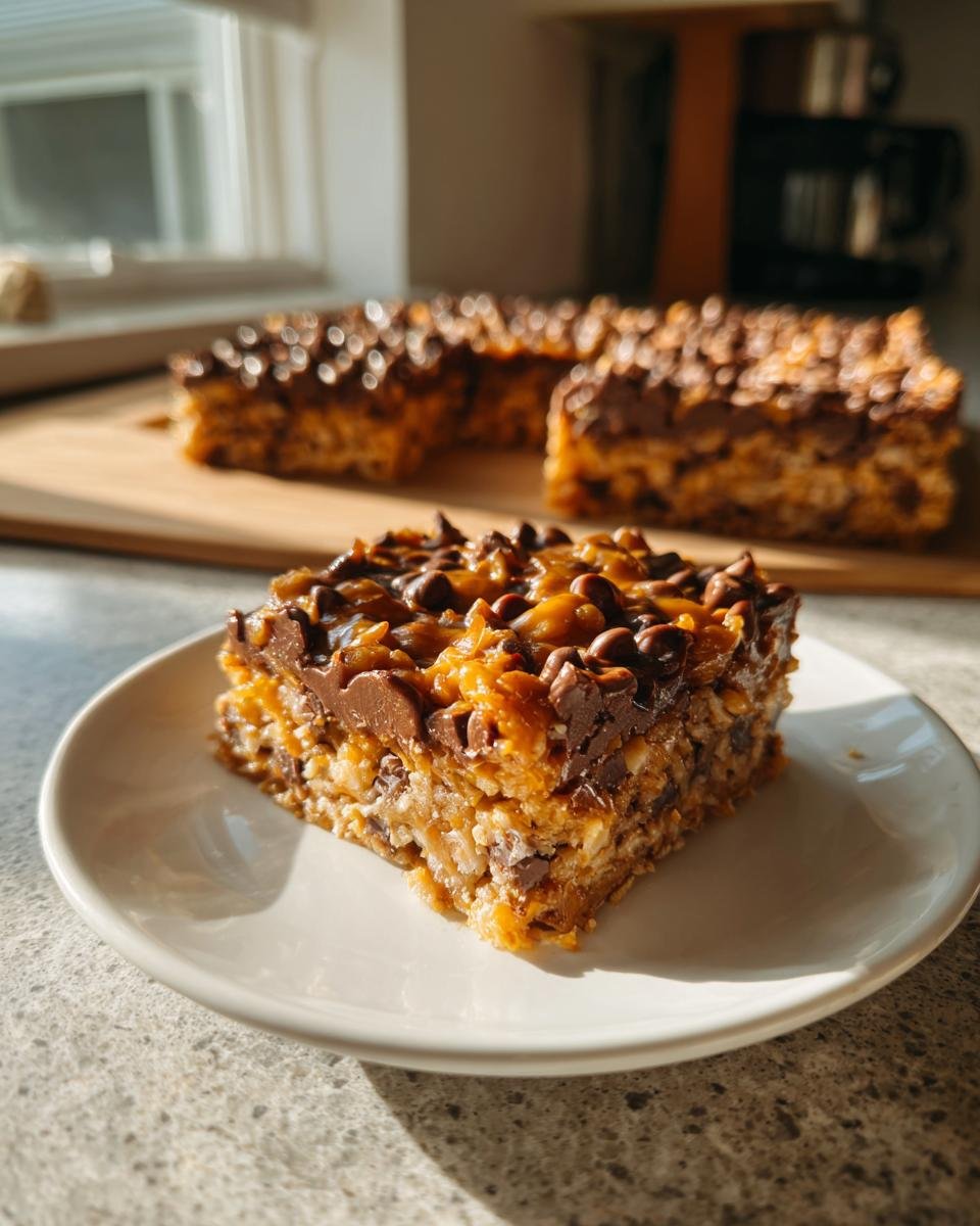 A square slice of rich Seven Layer Bars topped with melted chocolate and chips, sitting on a white plate.