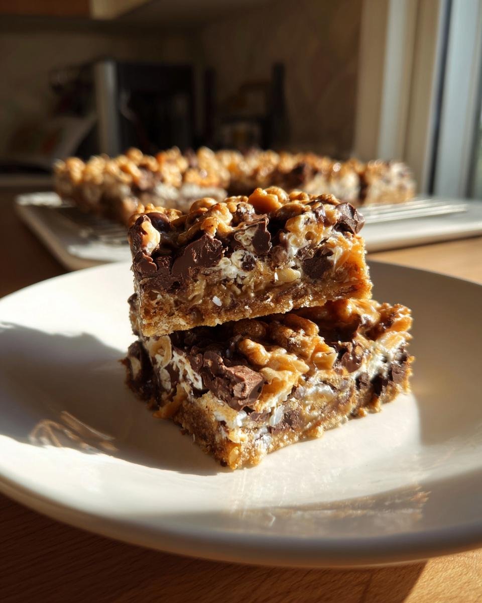 Two stacked squares of rich Seven Layer Bars showing layers of graham cracker crust, chocolate chips, and walnuts.