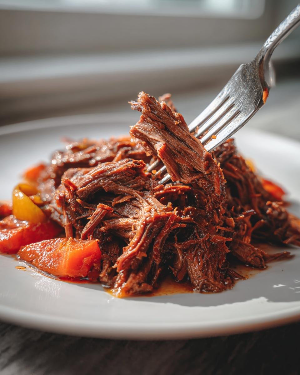 A fork lifts a piece of tender, shredded Mississippi Pot Roast from a white plate next to cooked carrots.