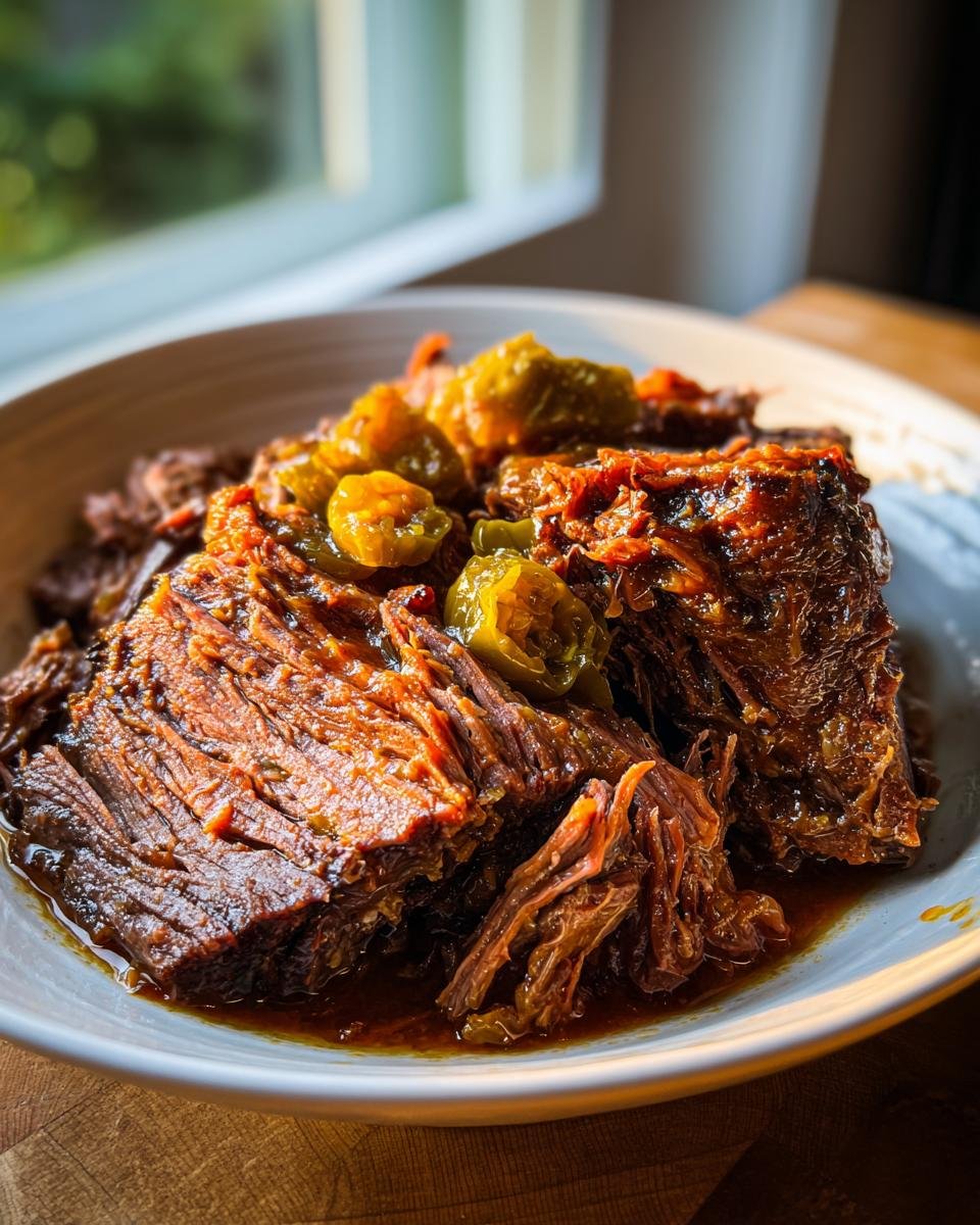 Close-up of tender, shredded Mississippi Pot Roast served in a bowl topped with pepperoncini peppers.