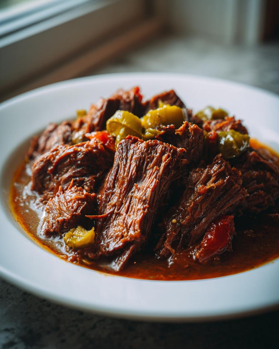 Close-up of shredded Mississippi Pot Roast served in a white bowl with rich sauce and pepperoncini peppers.