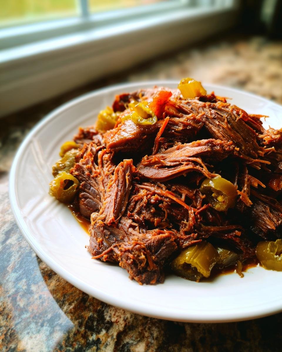 Close-up of tender, shredded Mississippi Pot Roast served on a white plate with pepperoncini peppers.
