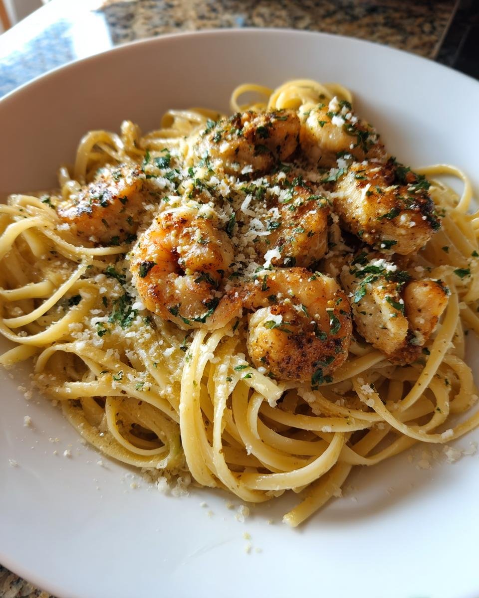Close-up of linguine pasta topped with seasoned shrimp, grated Parmesan, and parsley, similar to Olive Garden Chicken Scampi.