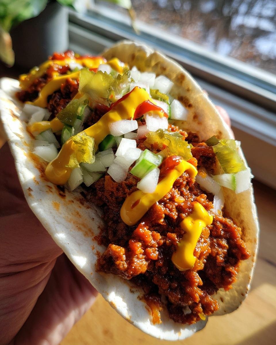 A person holding a soft tortilla filled with seasoned ground beef, diced onions, pickles, and drizzled with mustard and ketchup, making a Smash Burger Taco.