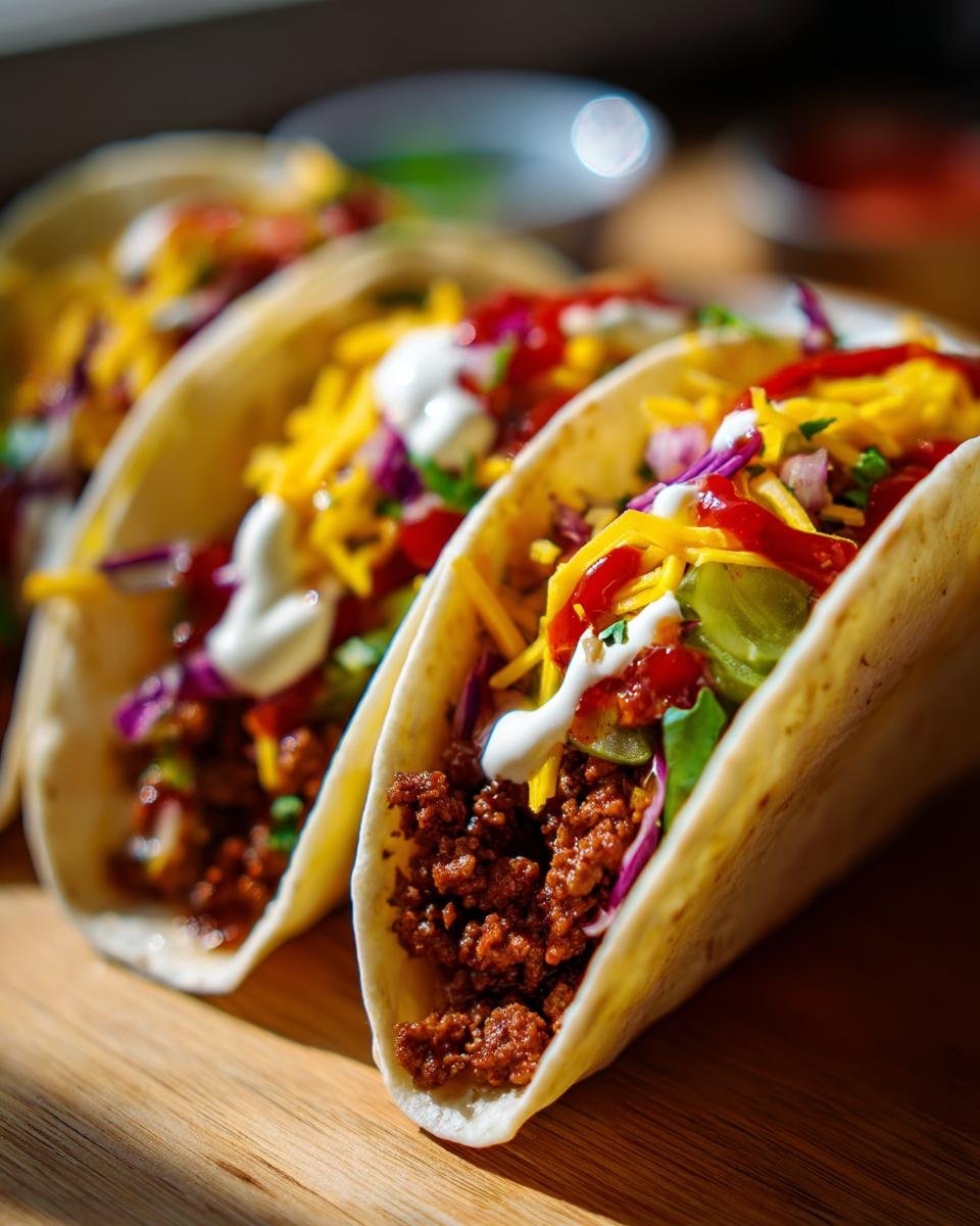 Close-up of three fully loaded Smash Burger Taco shells filled with seasoned ground beef, cheese, lettuce, and sour cream.