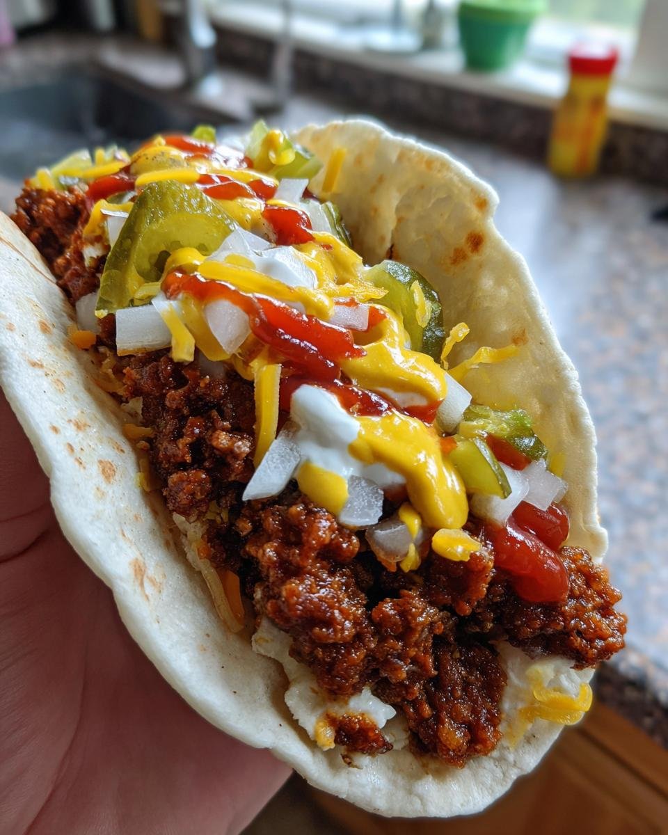 A person holding a fully loaded Smash Burger Taco featuring seasoned ground beef, cheese, pickles, onions, ketchup, and mustard.