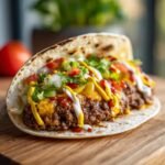 Close-up of a fully loaded Smash Burger Taco featuring melted cheese, fresh vegetables, and zigzag drizzles of mustard and white sauce.