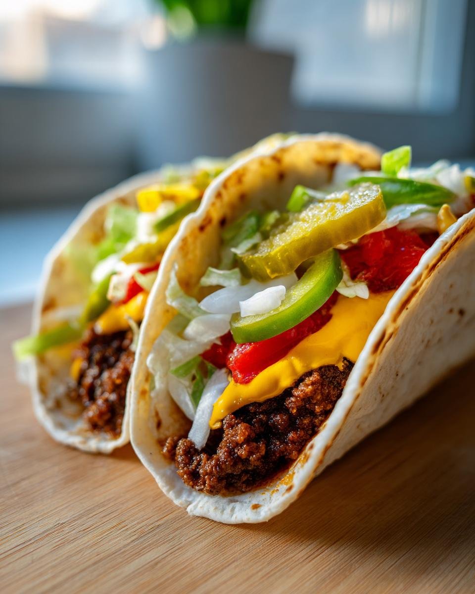 Close-up of two fully loaded Smash Burger Tacos featuring seasoned ground beef, cheese, lettuce, pickles, and peppers.