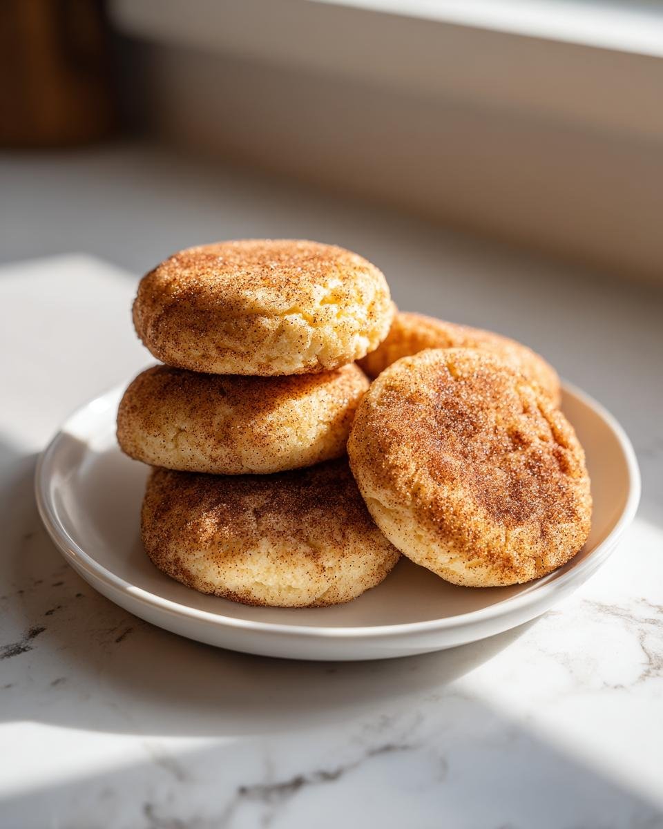 A stack of soft, thick Snickerdoodle Cake Mix Cookies coated in cinnamon sugar on a white plate.