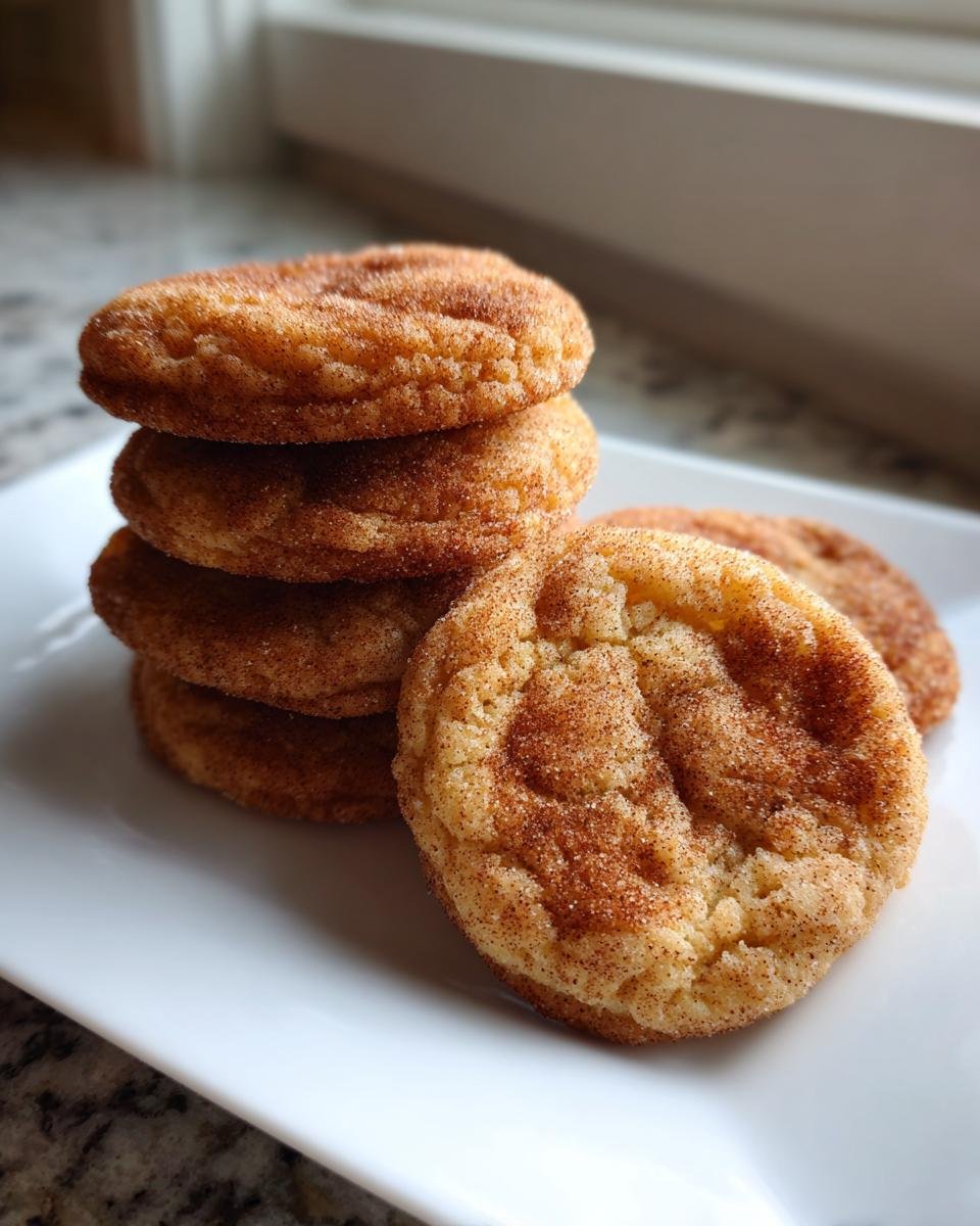 A stack of soft, cinnamon-sugar coated Snickerdoodle Cake Mix Cookies resting on a white plate.