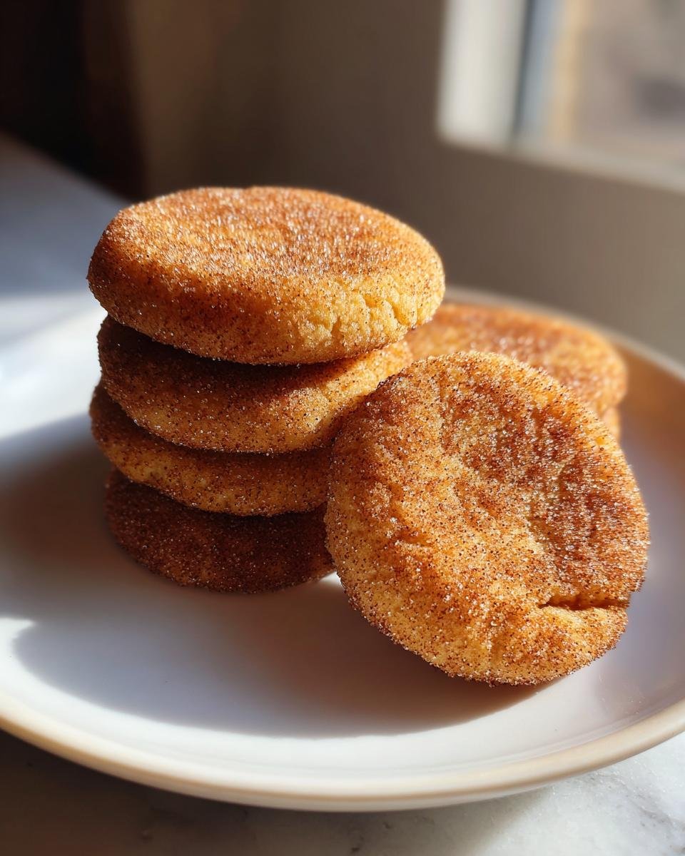 A stack of soft, round Snickerdoodle Cake Mix Cookies heavily coated in cinnamon sugar, resting on a white plate.