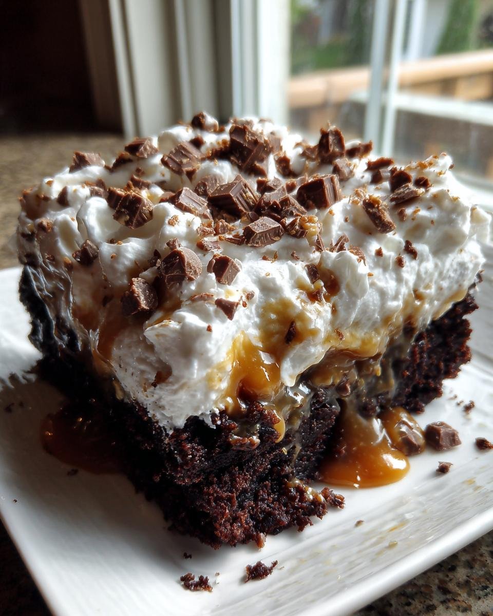 Close-up of a rich slice of Snickers Poke Cake topped with whipped cream, caramel, and chocolate pieces.