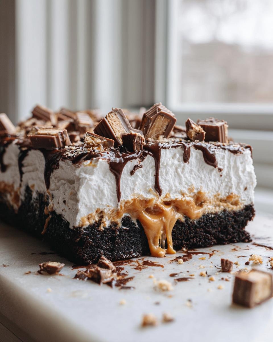 Close-up of a slice of Snickers Poke Cake showing a dark chocolate base, gooey caramel filling, whipped topping, and chopped candy bar pieces.