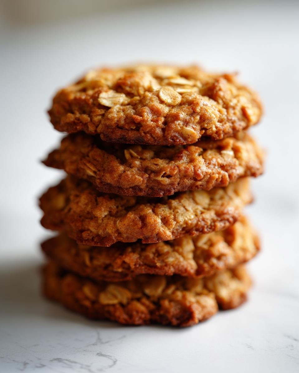 A stack of four soft, golden-brown Banana Oatmeal Cookies resting on a white marble surface.
