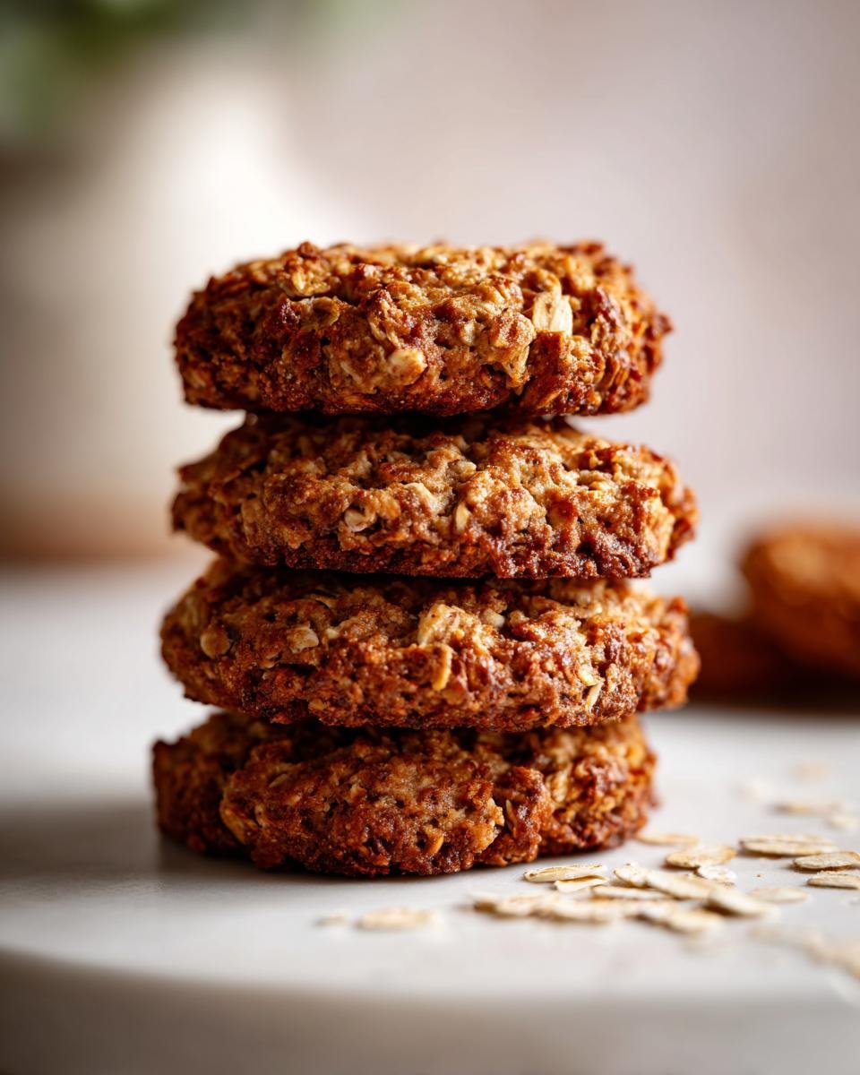 A vertical stack of four soft Banana Oatmeal Cookies, showing texture and oats scattered nearby.