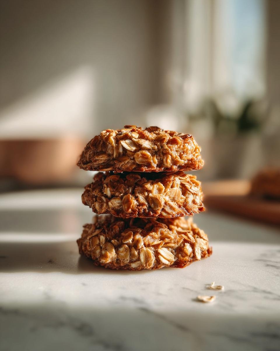 Three soft Banana Oatmeal Cookies stacked vertically on a white marble surface.