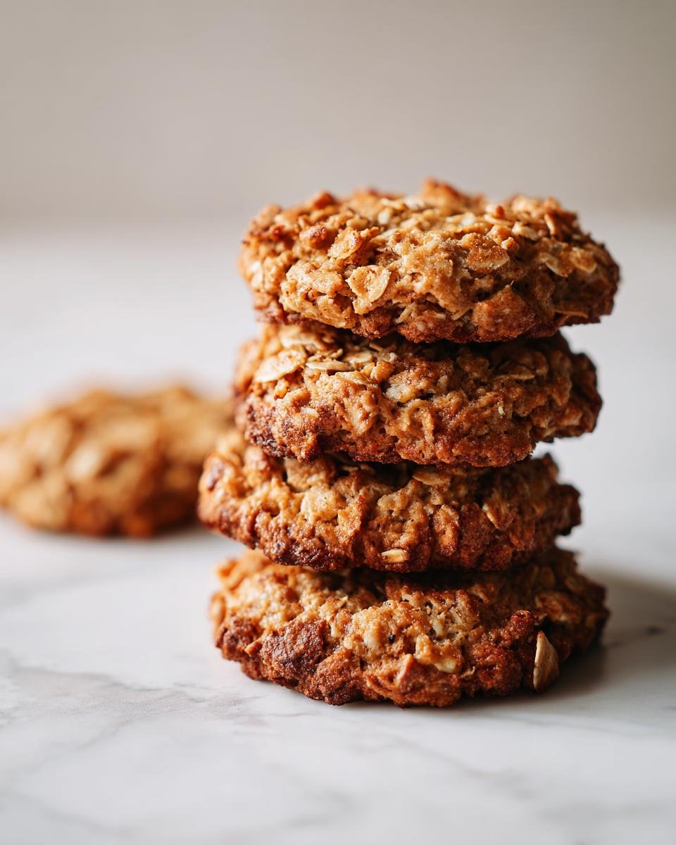 A stack of four soft Banana Oatmeal Cookies with visible oats, set against a light marble background.