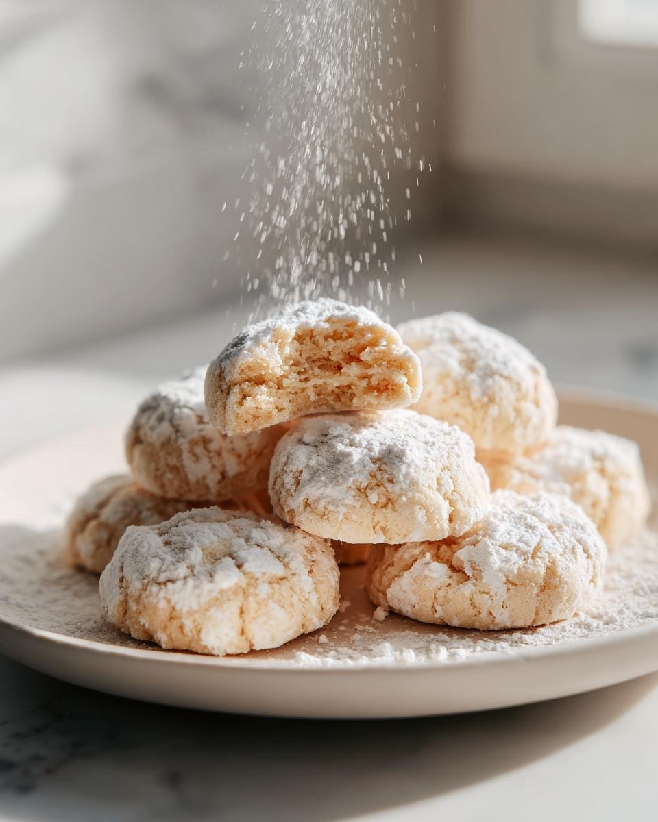 A stack of crumbly, powdered sugar-dusted cookies, likely polvorones, being dusted with more sugar, representing Spanish Christmas Desserts.