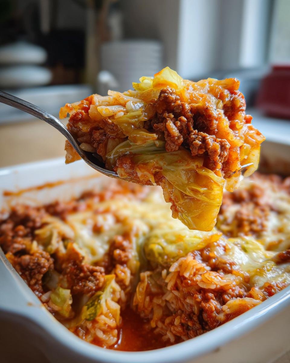 A spoonful of Unstuffed Cabbage Rolls casserole, showing ground meat, rice, and cabbage in a rich tomato sauce, topped with melted cheese.