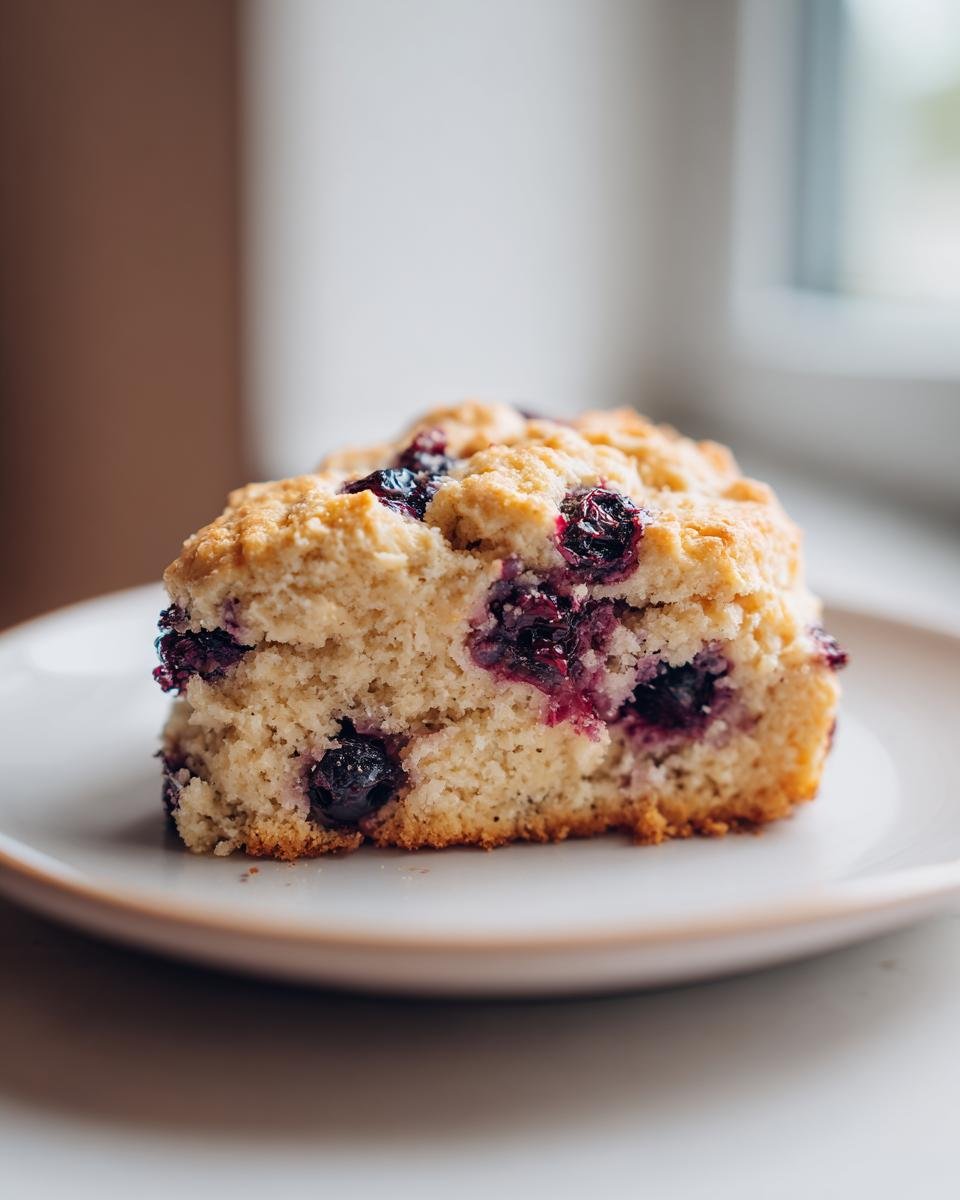 A close-up shot of a freshly baked Starbucks Blueberry Scones slice on a light plate, showing visible blueberries.