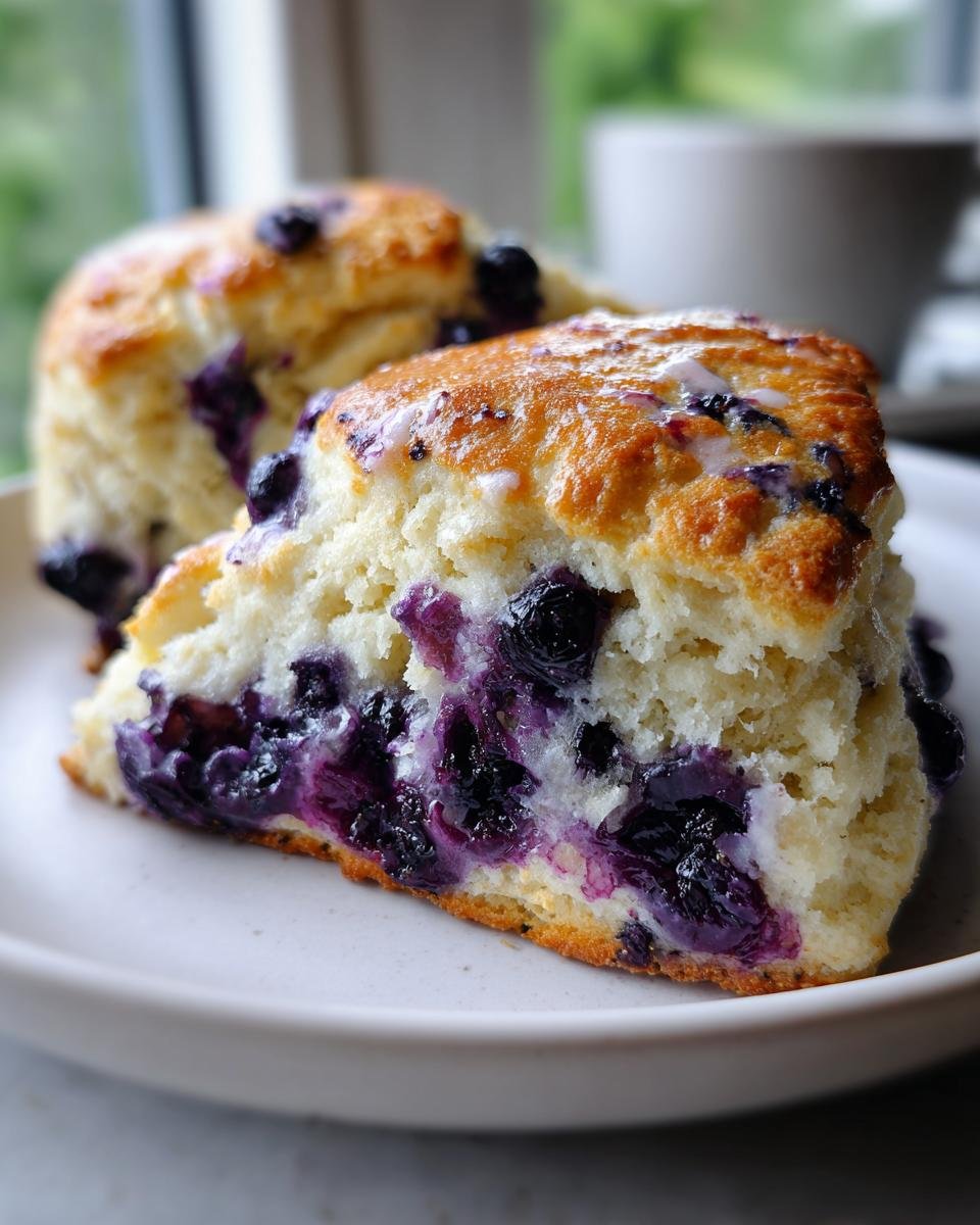A close-up of a freshly baked Starbucks Blueberry Scones slice showing moist interior and burst blueberries.