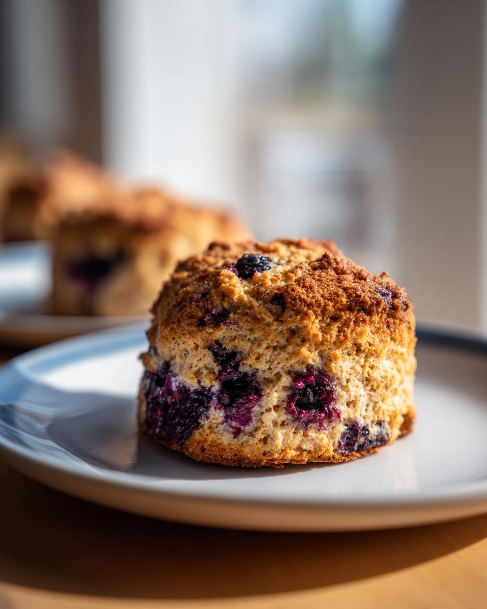 A freshly baked Starbucks Blueberry Scones resting on a light blue and white plate, showing visible blueberries inside.