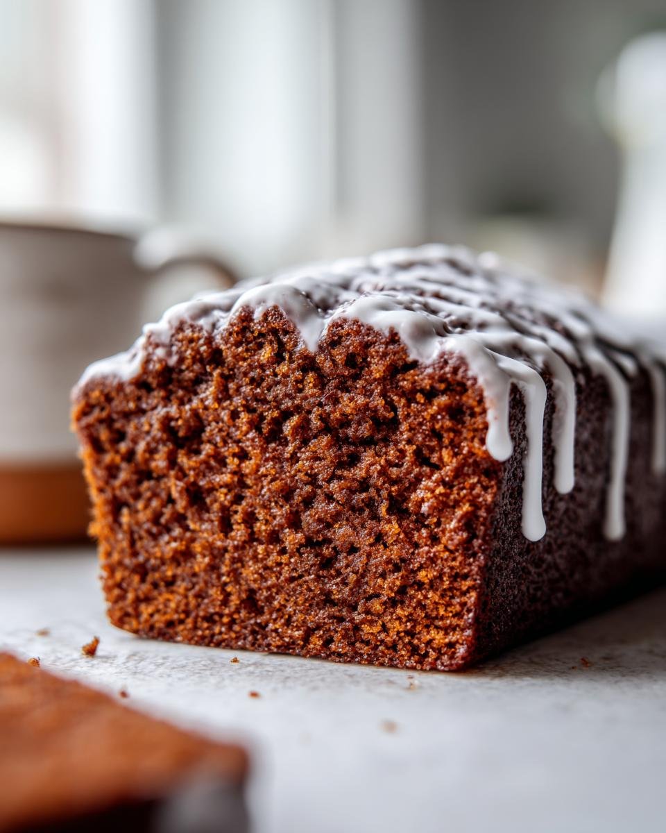 Close-up of a rich, dark Starbucks Gingerbread Loaf drizzled with sweet white icing.