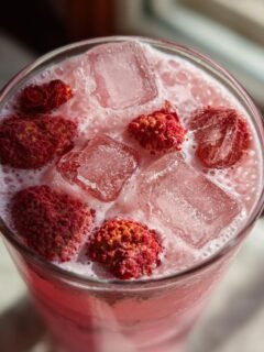 Overhead view of a refreshing Starbucks Pink Drink topped with ice cubes and freeze-dried raspberries or strawberries.