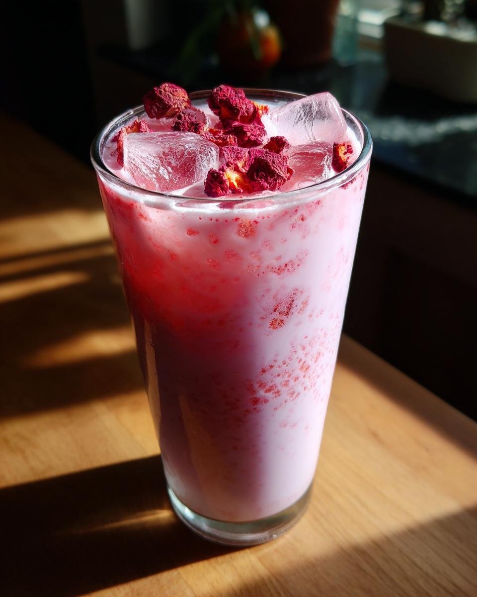 A tall glass of creamy pink Starbucks Pink Drink topped with ice and freeze-dried strawberries.