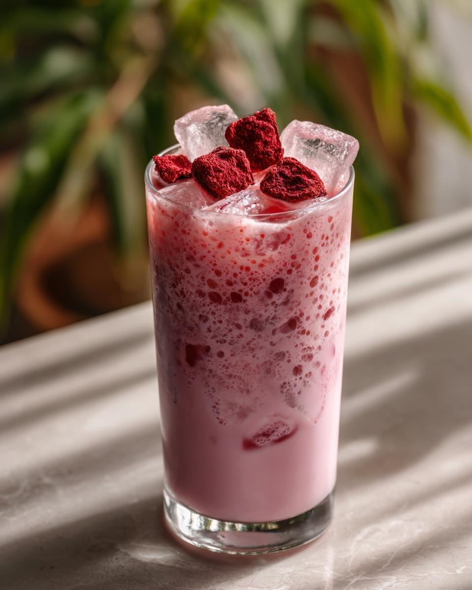 A tall glass of homemade Starbucks Pink Drink, layered pink and frothy, topped with ice and freeze-dried strawberries.