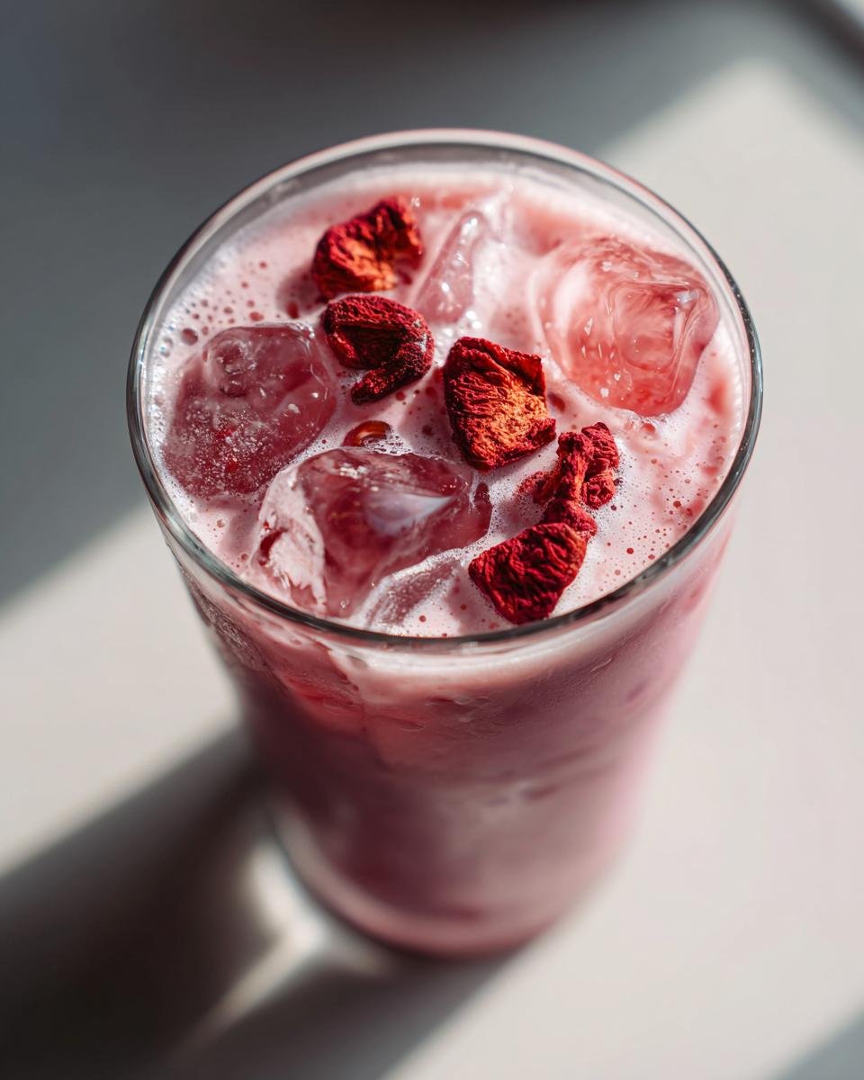 Close-up overhead view of a homemade Starbucks Pink Drink, pink and frothy, topped with ice and freeze-dried strawberries.