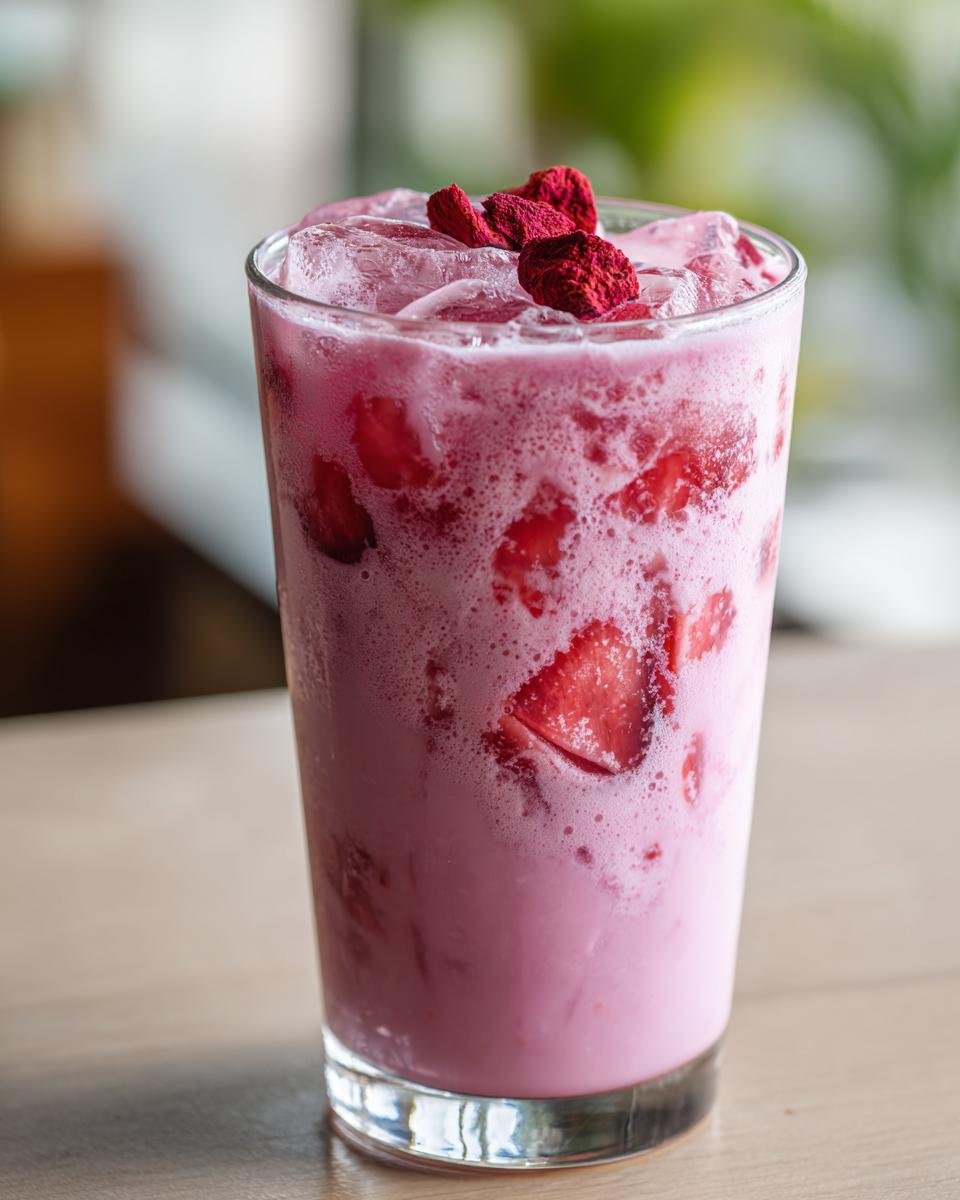 Close-up of a tall glass filled with a frothy, pink Starbucks Pink Drink, ice, strawberry chunks, and dried berries on top.