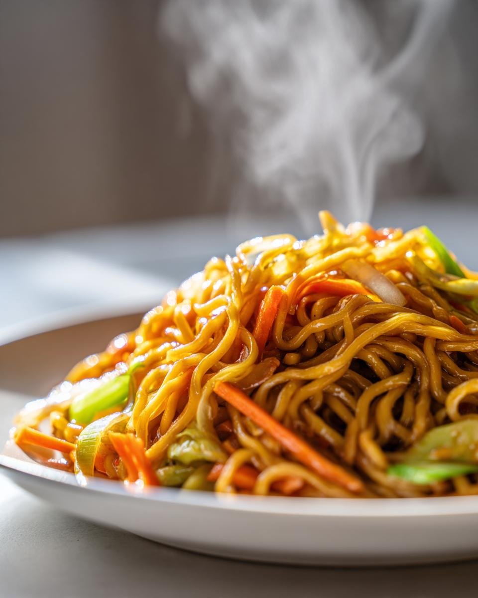 Close-up of hot, steaming Panda Express Chow Mein noodles mixed with bright orange carrots and green cabbage.