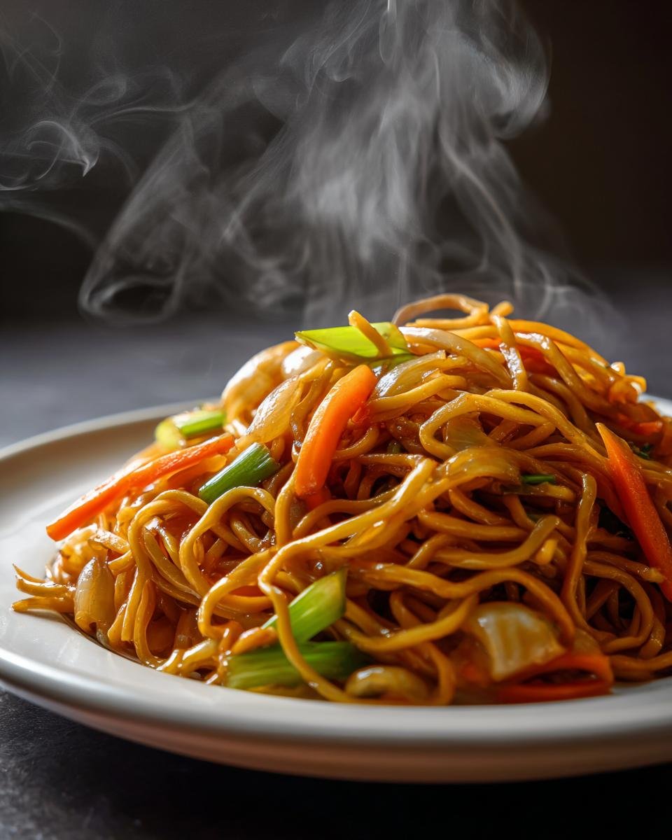 Close-up of hot, steaming Panda Express Chow Mein noodles mixed with carrots and green onions on a white plate.