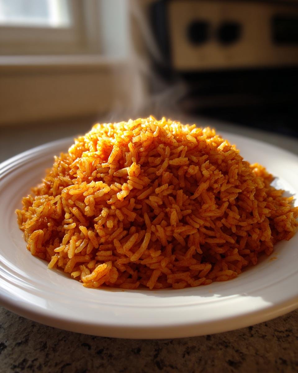 A fluffy mound of bright orange Spanish rice steaming slightly, served on a white plate near a window.