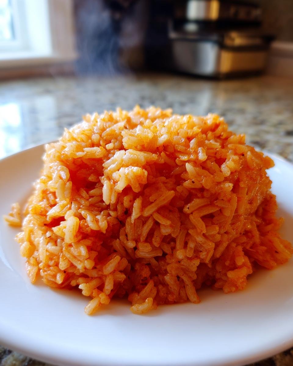 A mound of freshly cooked, steaming Spanish Rice served on a white plate.