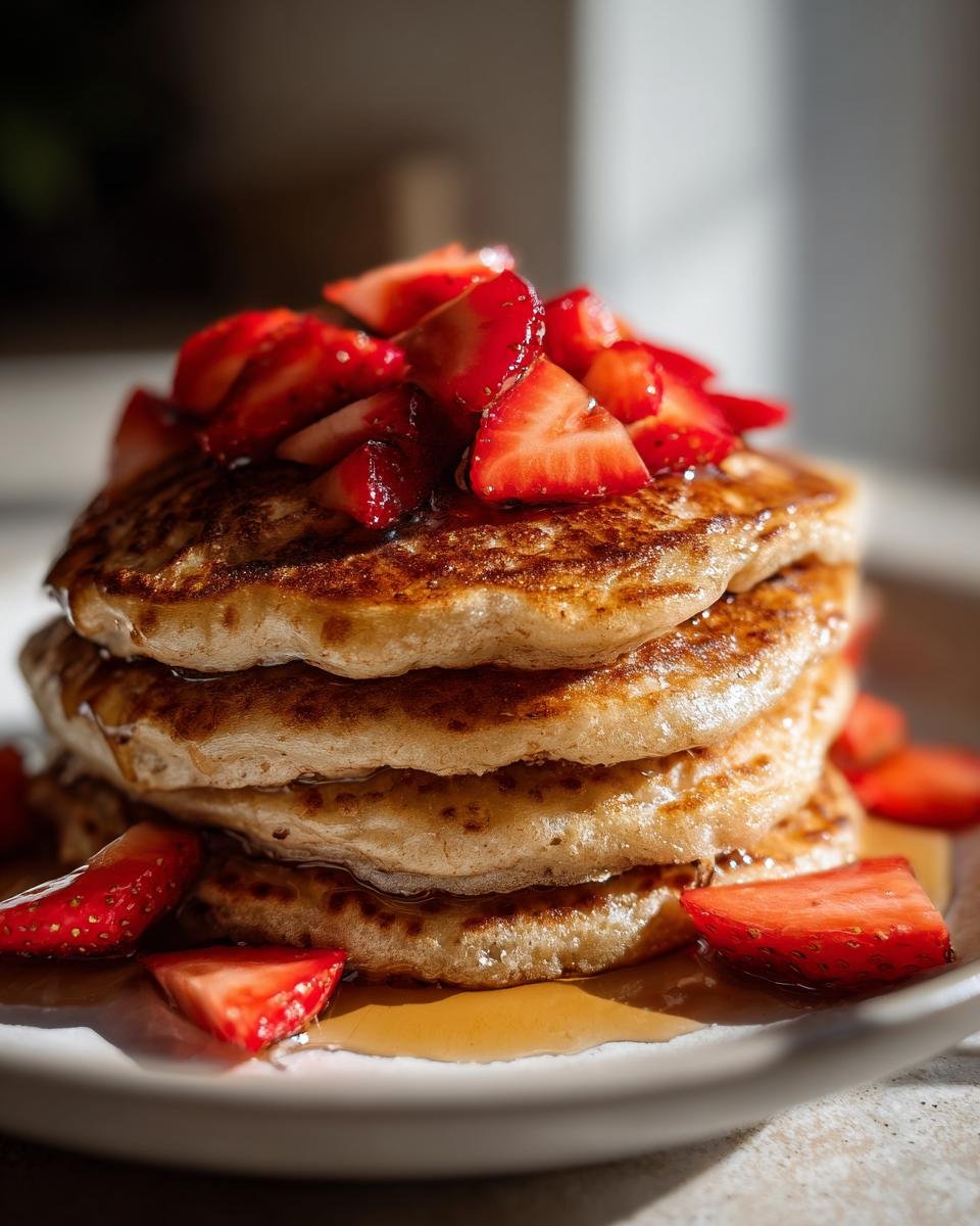 Close-up of a tall stack of golden Strawberry Pancakes topped with fresh sliced strawberries and drizzled with maple syrup.
