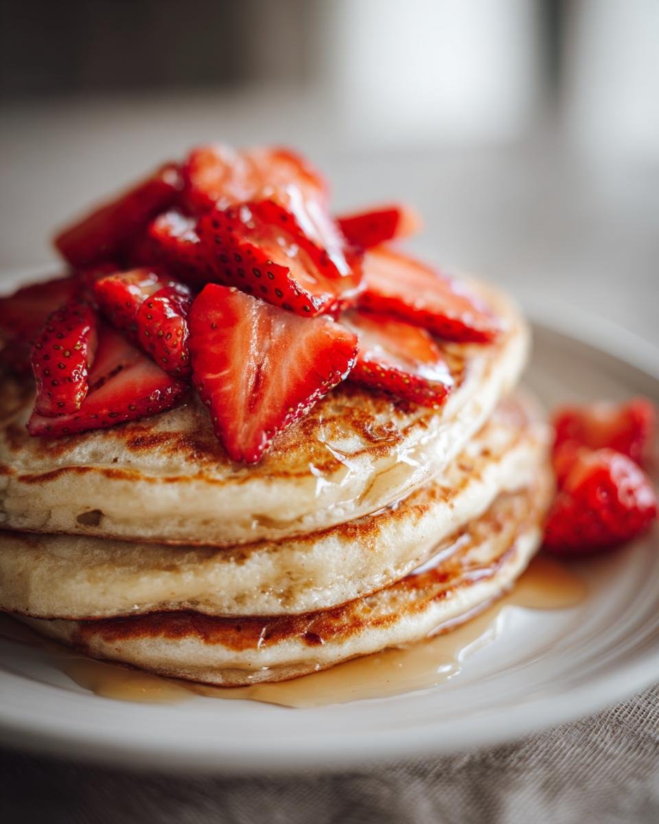 Close-up of a delicious stack of fluffy Strawberry Pancakes topped with fresh sliced strawberries and maple syrup.