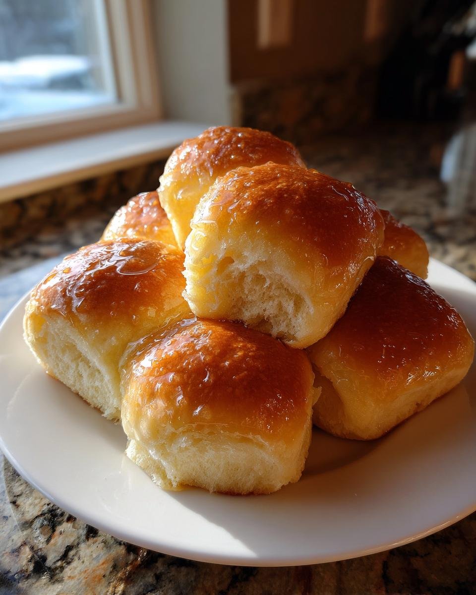 A stack of freshly baked, golden brown Texas Roadhouse Rolls glistening with a honey butter glaze.