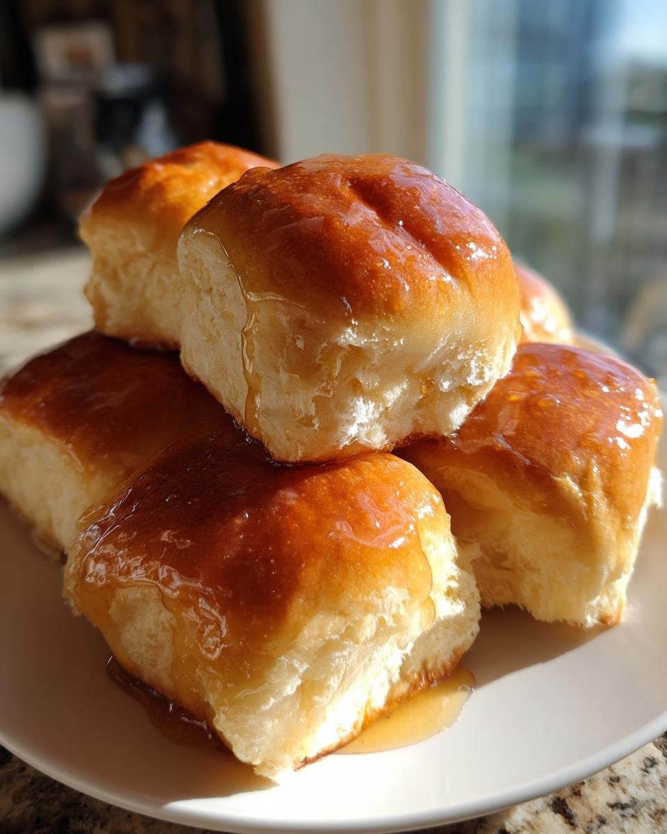 A stack of freshly baked Texas Roadhouse Rolls, glistening with honey butter glaze, served on a white plate.