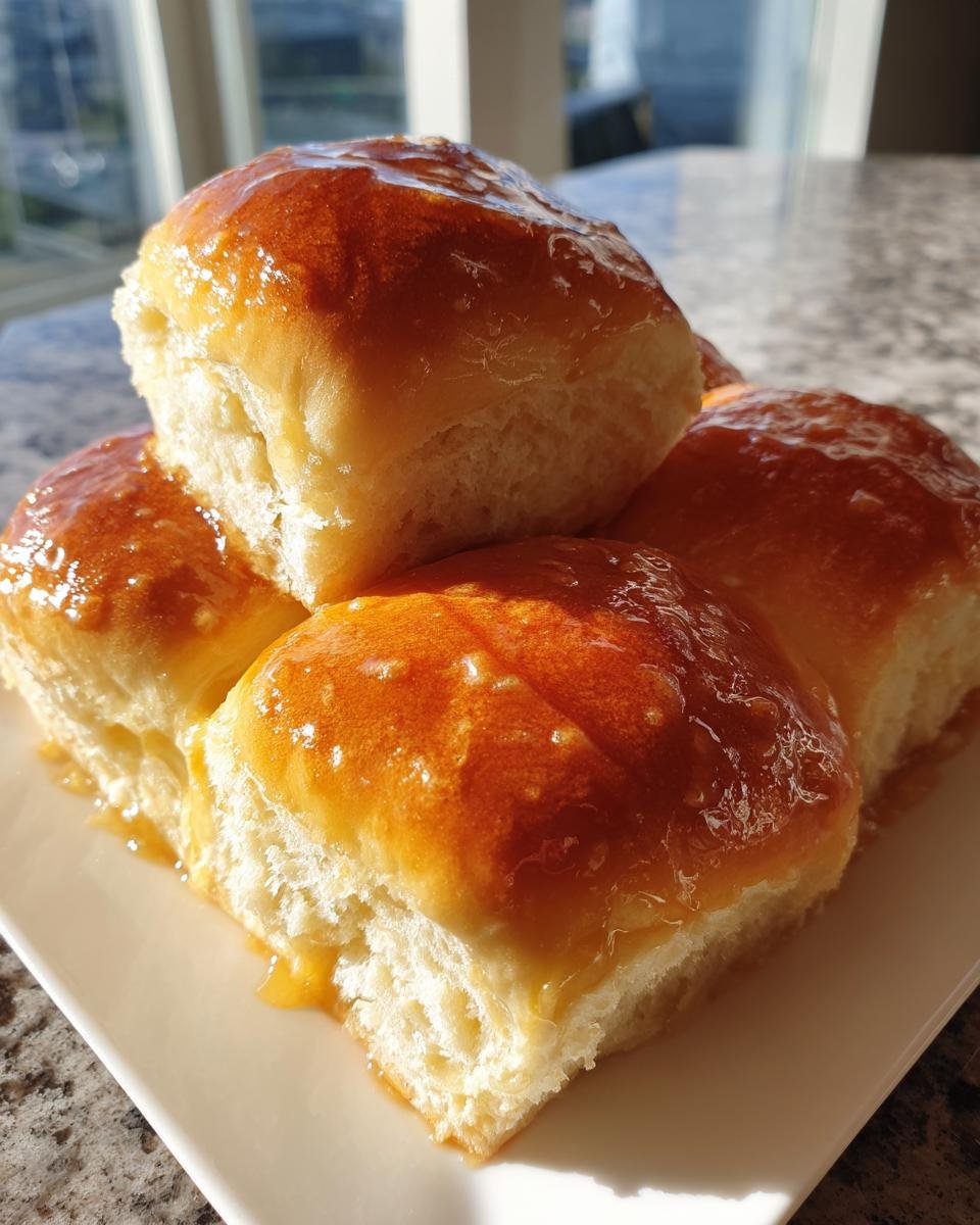 Close-up of four fluffy Texas Roadhouse Rolls stacked, glistening with a honey butter glaze.