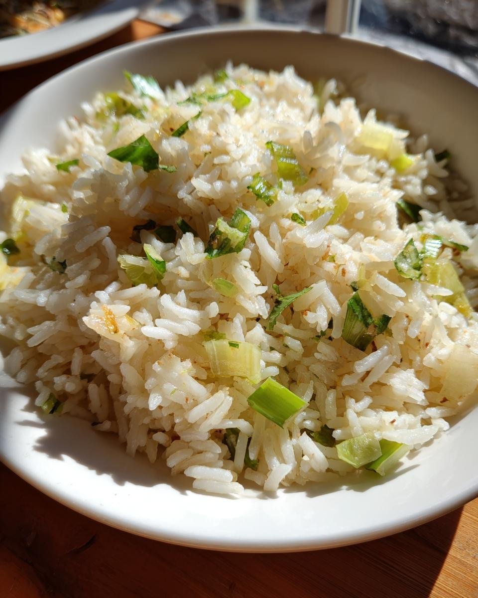 Close-up of fluffy white rice mixed with chopped green onions, representing Texas Roadhouse Seasoned Rice.