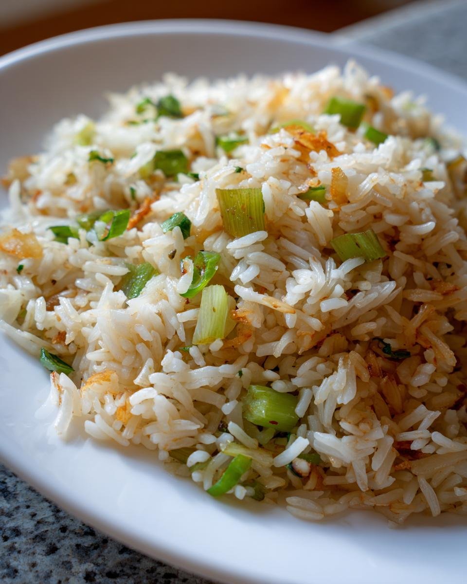 A close-up serving of fluffy white Texas Roadhouse Seasoned Rice mixed with chopped green onions and crispy fried bits.