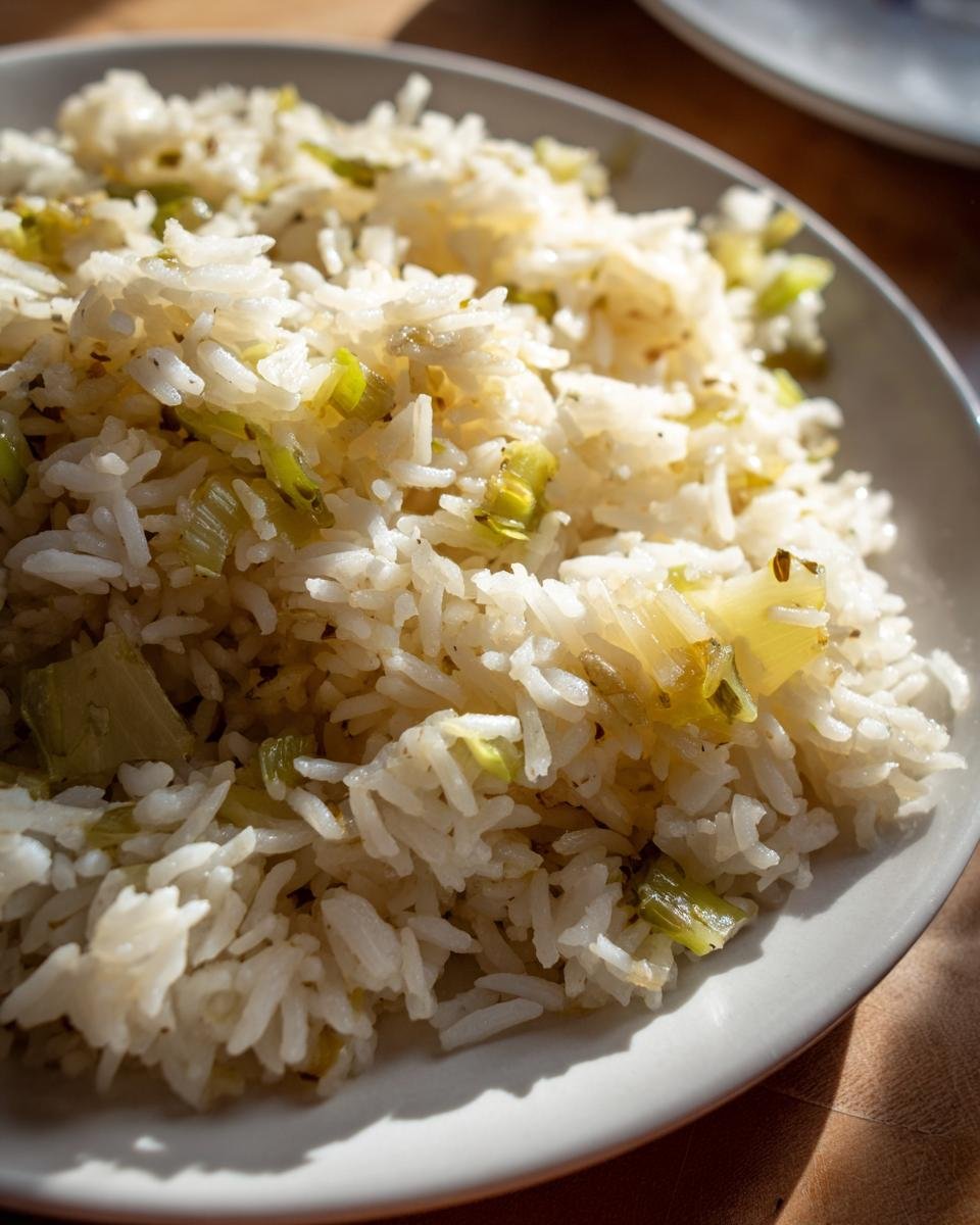 A close-up view of fluffy white Texas Roadhouse Seasoned Rice mixed with visible pieces of green onion or celery.
