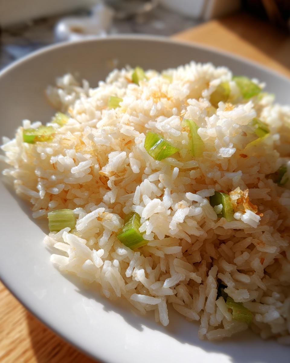 A close-up serving of fluffy white Texas Roadhouse Seasoned Rice mixed with chopped green onions and browned bits.