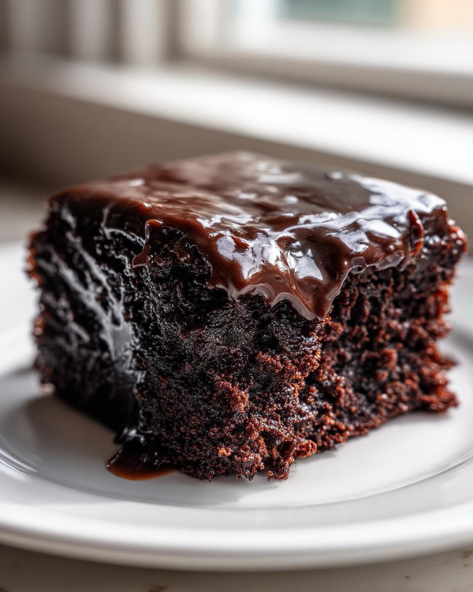 Close-up of a rich, dark slice of Texas Sheet Cake topped with glossy, melted chocolate frosting.