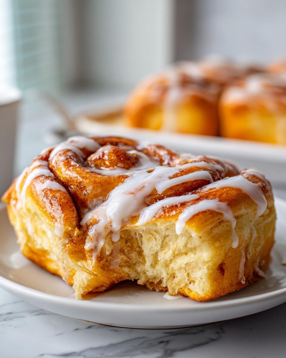 Close-up of a fluffy Tiktok Cinnamon Roll with a bite taken out, drizzled heavily with white icing.