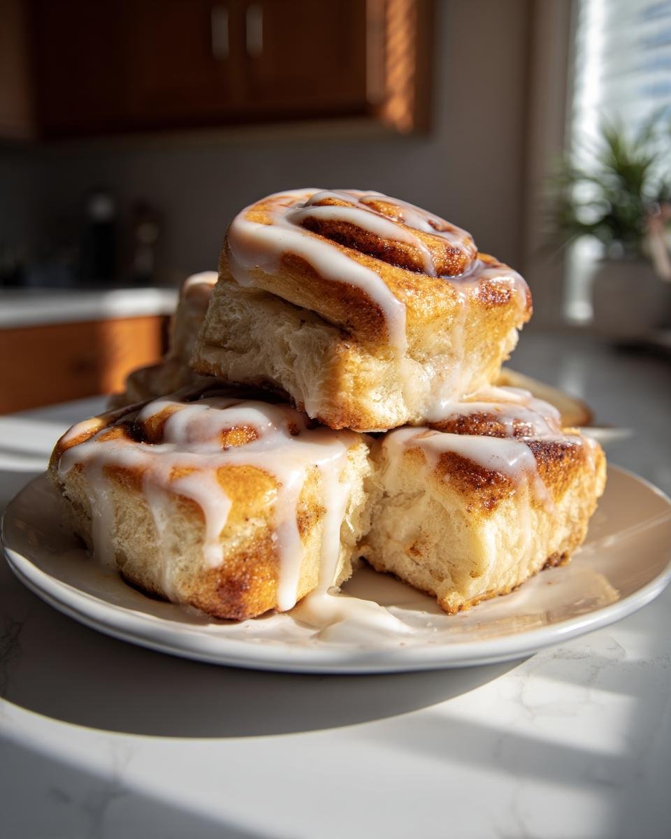 A stack of warm Tiktok Cinnamon Rolls generously topped with dripping white icing on a small plate.