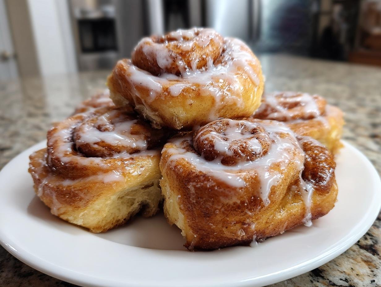 A stack of fluffy, freshly baked Tiktok Cinnamon Rolls generously topped with white icing.